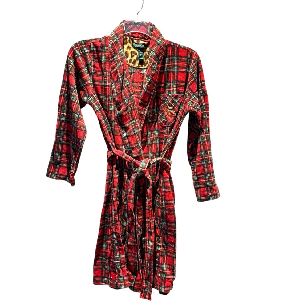 Lauren Ralph Lauren Red Plaid Shawl Collar Fleece Logo Robe SZ M Worn Gently